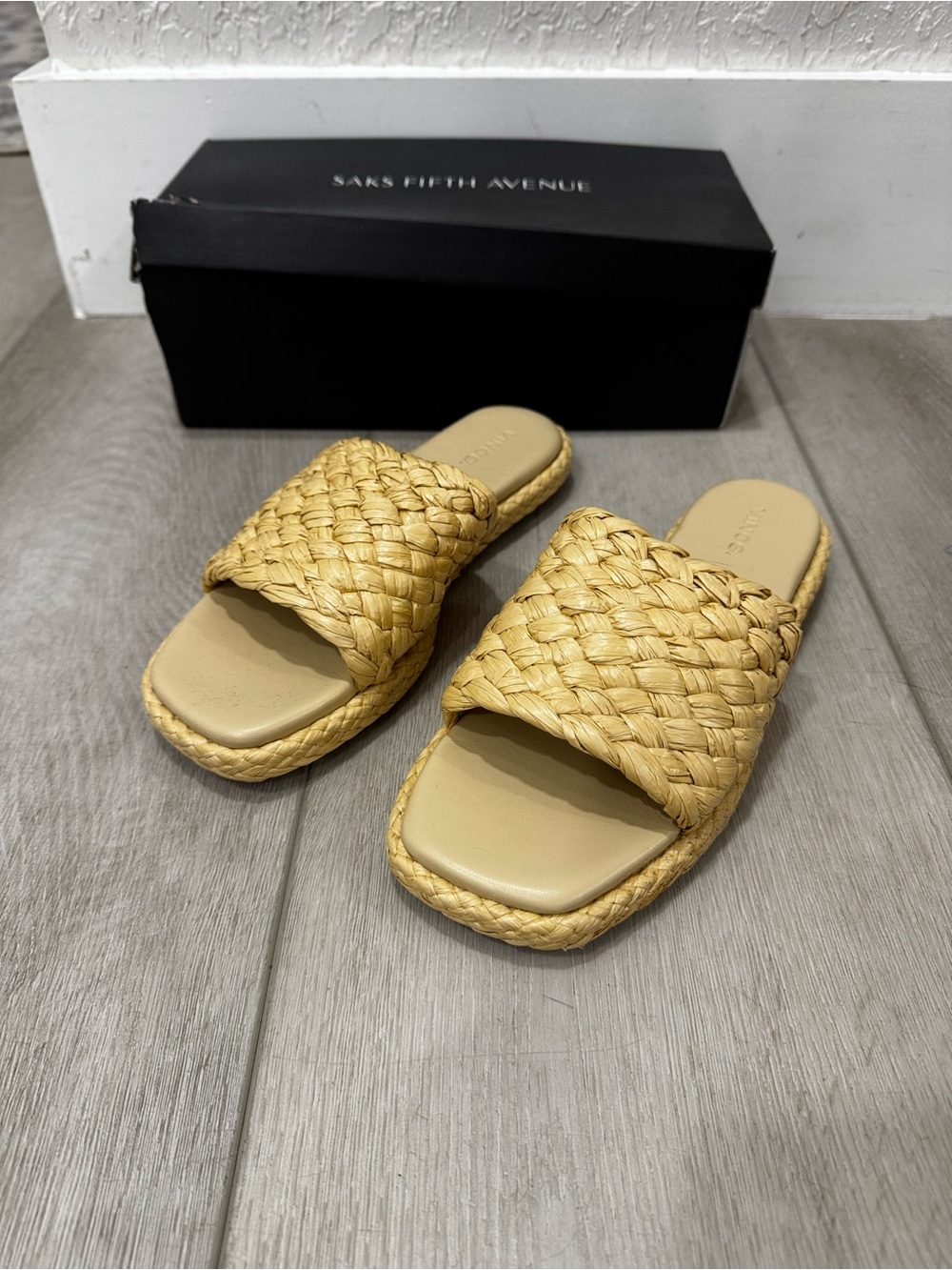 Vince Women's Woven Slide in Natural with Saks Fifth Avenue Shoe Box - Size 8M